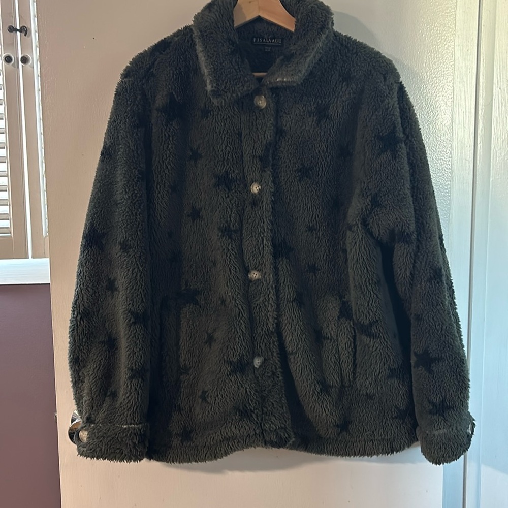 PJ Salvage-fuzzy fleece sweater jacket. Moss colored with black stars.